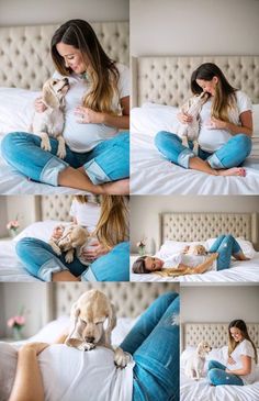 a woman laying in bed with her dog and holding the puppy up to her chest