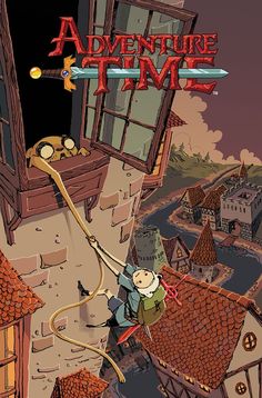 the adventure time movie poster is shown with an image of a man on top of a building