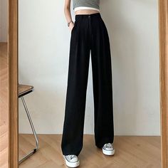 With these lovely Women's Wide Leg Loose High Waist Casual Trousers, your sense of style will upgrade. For everyday wear, these pants are perfect. These are made from top-quality materials, such as premium polyester and spandex. The straight pants are quite comfortable and give you a roomy fit all day. From the range of options available, pick your favorite color. Specification: Season: Autumn/Winter Pant Style: Straight Front Style: Flat Waist Type: High Pattern Type: Solid Decoration: None Cl Straight Pants For Women, Black Loose Pants Outfit, Black Pants Korean, Wide Black Pants, Black Formal Pants, Black Wide Pants, Black Loose Pants, Formal Trousers Women, Tailor Clothes