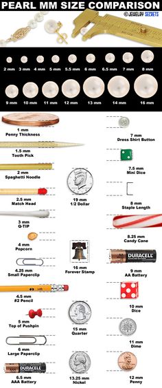 an info sheet with different types of items in it and the words pearl, mm size comparison