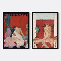 two framed art prints depicting women in ancient greek dress and man seated on a bench