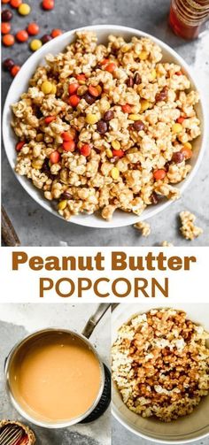 peanut butter popcorn recipe in a bowl and on the table with other ingredients to make it