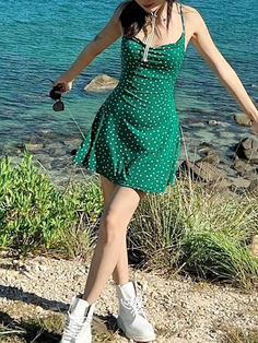 ⚡Buy 2024 Polka Dot Backless Slimming Halter Dress Green S under $18.00 in Dresses at AnotherChill.com Online. Style: Casual, Sexy. Color: Green. Fabric Content: 100% Polyester. Fit Type: Slim fit. Sleeve Length: Sleeveless. Neckline: U Neck. Length: Above Knee. ✓2024 S/S OUTFITS. Check reviews and buy Polka Dot Backless Slimming Halter Dress today. Fitted Polka Dot Mini Dress For Beach, Mini Prom Dresses, Backless Mini Dress, Mini Dresses For Women, Madison Beer, Evening Attire, Ladies Party, Green Fabric, Flowing Maxi Dress