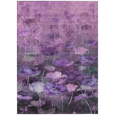 an abstract painting with purple flowers in the foreground