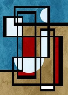 an abstract painting with squares and rectangles in red, white, blue and black