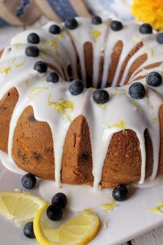 a lemon blueberry bunt cake on a plate