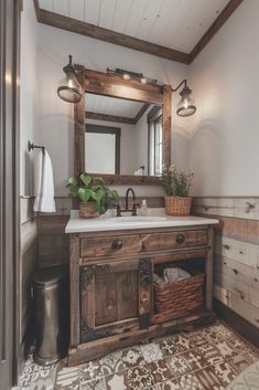 a bathroom with a sink, mirror and wooden cabinet in the center is decorated with potted plants