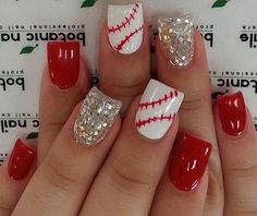 25 Red And Silver Nails #nails #silver Red Skin Care, Nails Design Red, Baseball Nail Designs, Pinstripe Nails, Mom Nails, Red And Silver Nails, Spring Nails 2023, Botanic Nails