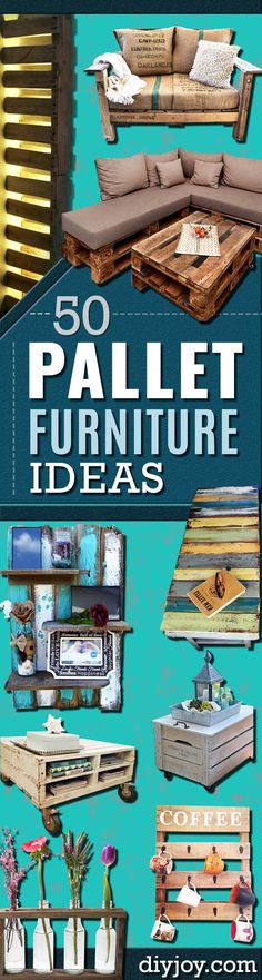 the cover of 50 pallet furniture ideas by andyy com, with pictures of couches and tables