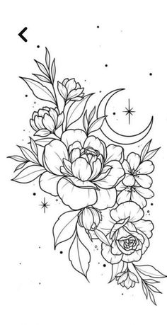 a black and white drawing of flowers with the moon in the background