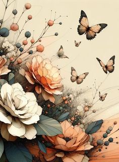 an artistic painting with flowers and butterflies