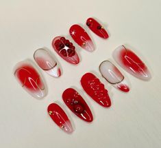 Greetings and welcome to my store. Hope you find a style you like . 𝐌𝐚𝐭𝐞𝐫𝐢𝐚𝐥: I only work with high quality materials to create sturdy & long-lasting luxury press on nails that you can trust on. My nails will last for: 1- 2 days using adhesive tab (provided with the nail set) 2- 3 weeks using nail glue. You can reuse all of the nails multiple times if you take care of them.  𝐒𝐢𝐳𝐞: XS : 14mm, 11mm, 12mm, 10mm, 8mm S: 15mm, 12mm, 13mm, 11mm, 8mm M: 16mm, 12mm, 13mm, 11mm, 9mm L: 18mm, 13mm, 14mm, 12mm, 10mm If you would like a custom size, please fill out the personalization section under the product options. I'm happy to help you measure your nail size if you're not sure how. All of my nails are handmade and customized to fit your size. Please note that I can make any size and a Pomegranate Nails, Halloween Ombre, Red Almond Nails, Nail Round, Gel Press On Nails, Ombre Fashion, Gel Press, Nails Summer, Nail Glue