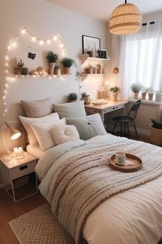 a bedroom with a bed, desk and shelves filled with potted plants on the wall