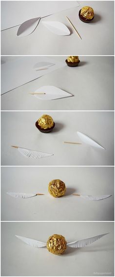 the steps to make a gold leaf decoration with white feathers and paper streamers on it