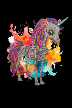 a drawing of a unicorn skeleton with colorful paint splatters on it's face