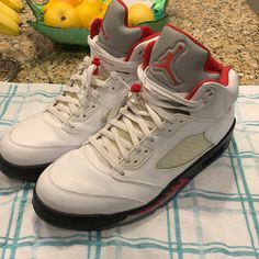 This Shoe Is In Excellent Condition, Only Worn About 5 Times Because They Were Too Big. Very Little Creasing On The Tongues Of Both Sneakers. Jordan 5 Fire Red, Shoes Air, Air Jordan 5, Jordan 5, Jordans For Men, Red Fire, Jordan Shoes, Size 13, Air Jordan