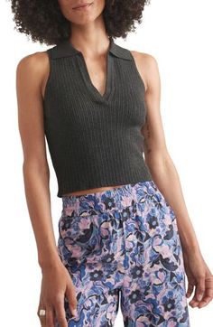 Show off your toned shoulders and a bit of midriff in a sleeveless, cropped polo that's created in a stretchy rib knit and finished with a johnny collar. Johnny collar V-neck Sleeveless, with cutaway shoulders 78% rayon, 14% nylon, 8% spandex Machine wash, dry flat Imported Summer Collared Tank Top, Chic Collared Crop Top For Summer, Toned Shoulders, Layered Cami, Cropped Polo, Swimsuit Cover Up Dress, Layering Tank Tops, Johnny Collar, Marine Layer