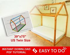 the bed frame is made out of wood and has a built in shelf for storage