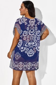 Navy Blue Fashion Floral Print Cover Up - Meet.Curve - Meet.Curve Blue Short Sleeve Beach Cover-up Top, Blue Floral Print Tops For Beach Season, Blue Tops For Spring Beach Cover-up, Blue V-neck Top For Beach Cover-up, Blue Short Sleeve Top For Beach Cover-up, Blue Printed Tops For Beach Season, Casual Blue Top For Beach Cover-up, Blue Printed Beachwear Top, Navy Blue Fashion