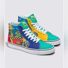 Vans X Sesame Street Sk8-Hi *Nwt* Color: Multi Size: 10.5 Men's/ 12.0 Women's Sku: Vn000d5ibmb Custom Shoes Simpson, Vans Yellow, Limited Edition Shoes, Shoes Vans, Sk8 Hi, Mens Vans, Sesame Street, Vans Shoes, Blue Yellow