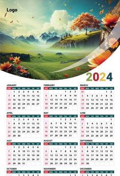 a calendar for the year 2012 with an image of a landscape and flowers on it