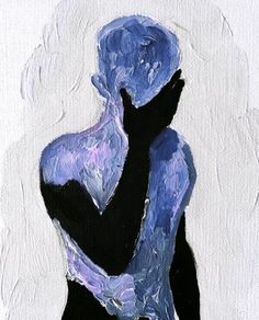 an abstract painting of a woman's torso in blue and black, against a white background