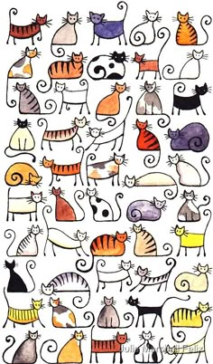 an image of cats with different colors and sizes on white paper, including one cat in the