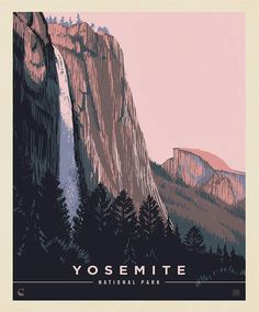 yosemite national park poster with waterfall and mountains in the background, vintage style