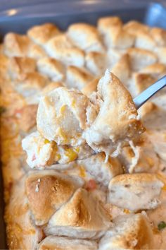 a close up of a spoon in a casserole dish with chicken and biscuits