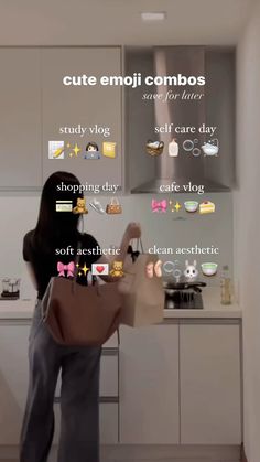 a woman standing in front of a kitchen counter with lots of stickers on it