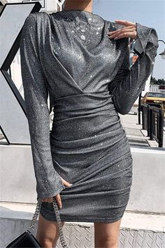 Size(in) Bust Waist Hip Length S 29.5 24.4 31.9 29.9 M 31.1 26.0 33.5 31.5 L 32.7 27.6 35.0 33.1 Silver Long Sleeve Mini Dress For Club, Gray Winter Dresses For Night Out, Gray Stretch Mini Dress For Party, Gray Bodycon Dress For Night Out, Gray Winter Party Dress, Gray Fitted Bodycon Dress For Party, Elegant Mini Dress, Bodycon Dress Online, China Dress