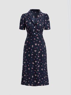 Floral Lapel, Elegant Midi Dress, Ditsy Floral Dress, Elegant Midi Dresses, Vestidos Vintage, 1940s Fashion, Modest Fashion Outfits, Kurta Designs