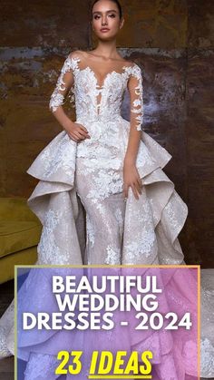 a woman in a wedding dress with the words beautiful wedding dresses - 2024 on it