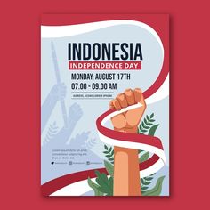 the poster for indonesia's independence day is shown in red and blue tones with an image of a fist