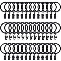 six pairs of black metal rings with hooks on each side and two sets of keys attached to them