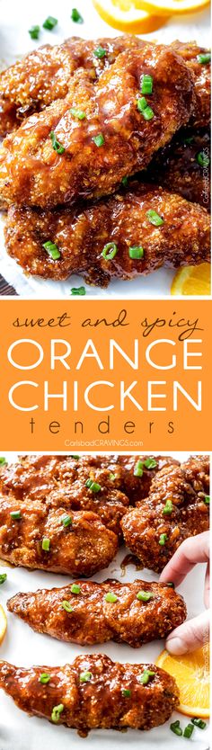 orange chicken tenders on a plate with lemon wedges