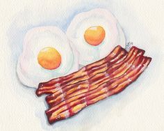 two eggs and bacon sitting on top of a white plate with watercolor pencils