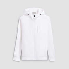 Made from a luxurious soft-touch knit fabric, this zip-up performance jacket offers exceptional comfort and style. It features a funnel neck with adjustable hood, elasticized cuffs and waist, zippered side pockets, a vertical chest pocket and sleek nylon trimming. Combining practicality with modern sophistication, this versatile jacket is a great choice for both casual and activewear. White Half-zip Outerwear With Zipper Closure, Sporty White Hooded Jacket With Zipper, Functional White Hooded Jacket With Detachable Hood, Casual White Fleece Jacket With Drawstring Hood, Casual Outerwear With Drawstring Hood And Funnel Neck, White Functional Track Jacket With Ribbed Cuffs, Functional White Hoodie Track Jacket, White Half-zip Outerwear With Ribbed Cuffs, White Functional Hoodie Track Jacket