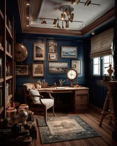 a room with blue walls and wooden floors has a desk, chair, bookshelf, and pictures on the wall