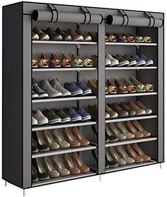 the shoe rack is filled with many pairs of shoes