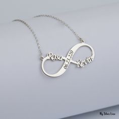 "Infinity Name Necklace is made by hand in our workshop with care. All our jewelry is the most elegant choice for the Bridesmaids, friends, your loved ones and for yourself. Infinity Name Necklace * Material: High Quality Solid 925 Sterling Silver. * Finish: Sterling Silver ∙ Gold ∙ Rose Gold. * All our jewelry is custom made by hand with care in our workshop. HOW TO ORDER ❓ * Select your necklace COLOR. * Choose necklace length from 14\" to 22\". The length option is the TOTAL chain length (inc Infinity Necklace With Names, Necklace Infinity, Engraved Cross, Lace Booties, Pokemon Gifts, Necklace Ideas, Infinity Necklace, Gift For Couples, Custom Name Necklace