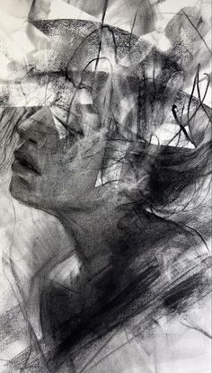 black and white drawing of a woman's face with her hair blowing in the wind