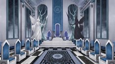 an art deco hallway with blue and white walls, black and white flooring and angel statues