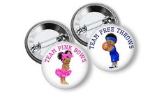 two pinback buttons with the words team pink bows and a cartoon character on them