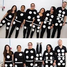 several people dressed up in black and white polka dot outfits, posing for the camera