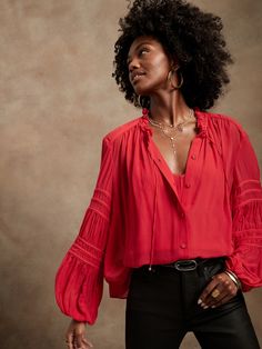 Crinkle Balloon-Sleeve Blouse | Banana Republic Red Blouse Outfit, Red Silk Blouse, White Eyelet Blouse, Fall Blouse, Jacquard Shirt, Red Sunset, Layered Blouse, Printed Sleeveless Blouse, Balloon Sleeve Blouse