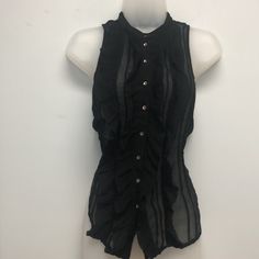 Button Up, Ruffle Front Sheer Top Is Nwt! Elegant Sleeveless Button Blouse, Chic Sleeveless Top With Snap Buttons, Sleeveless Tops With Button Closure For Night Out, Black Button-up Top With Ruffles, Black Buttoned Summer Vest, Party Vest With Buttons In Black, Elegant Black Tops With Snap Buttons, Black Buttoned Vest For Summer, Black Party Vest With Buttons