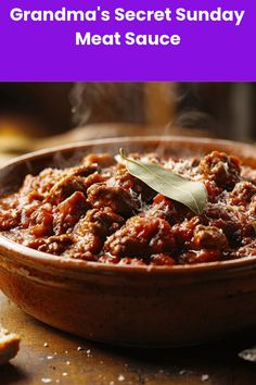 A steaming terracotta bowl filled with Grandma's Secret Sunday Meat Sauce, featuring chunks of browned meat in a rich red tomato sauce, garnished with a fresh bay leaf and sprinkled with grated cheese, steam rising from the hearty homemade dish. Meat Sauce, Sauce, Meat