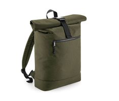 a green backpack with black straps and zippers on the front, sitting against a white background