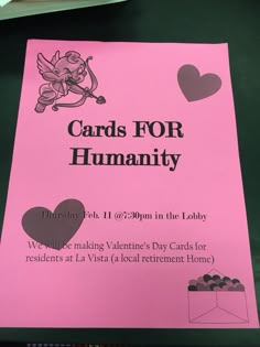 a pink card that says cards for humanity with hearts and cupcakes on it